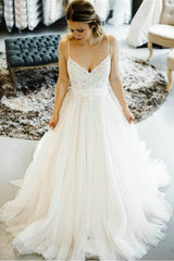 Lovely A-Line Straps Wedding Dresses, Backless Tulle Bridal Gown