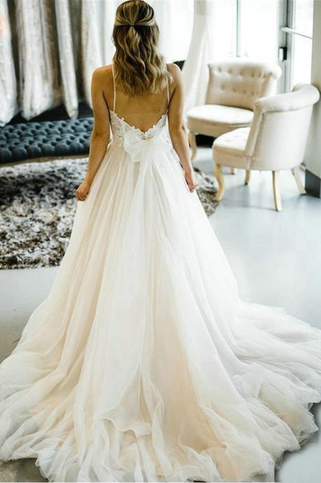 Lovely A-Line Straps Wedding Dresses, Backless Tulle Bridal Gown