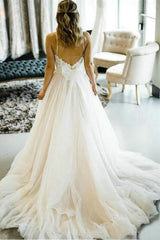 Lovely A-Line Straps Wedding Dresses, Backless Tulle Bridal Gown