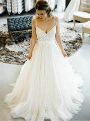 Lovely A-Line Straps Wedding Dresses, Backless Tulle Bridal Gown