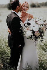 Simple V-Neck Boho Beach Wedding Dresses, Sheath Rustic Bridal Gowns