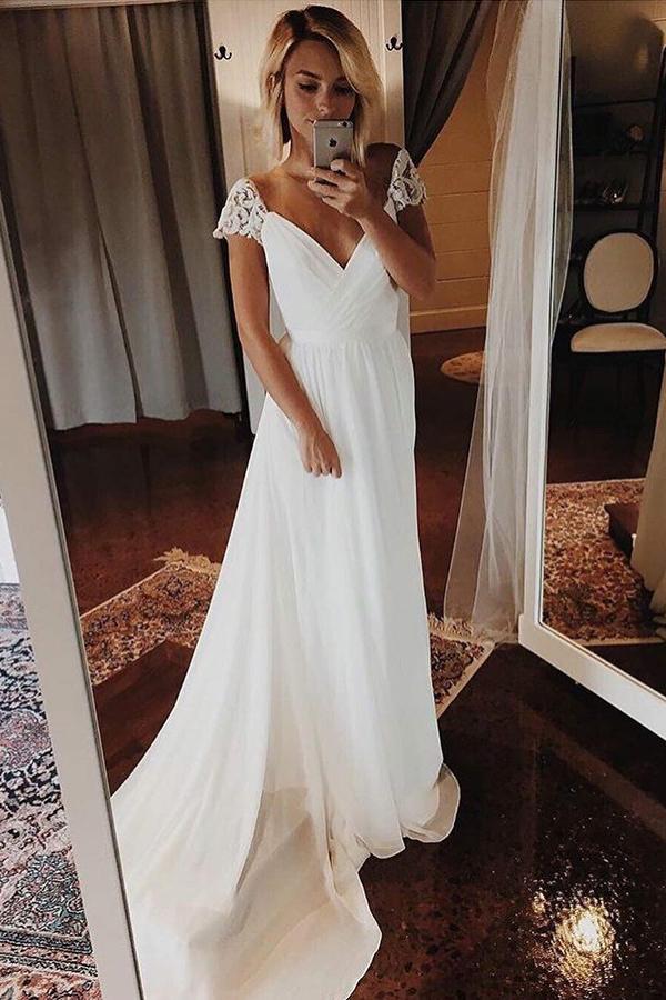 Simple Chiffon Wedding Dresses, Bohemian Beach Bridal Gowns with Sleeves