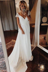 Simple Chiffon Wedding Dresses, Bohemian Beach Bridal Gowns with Sleeves