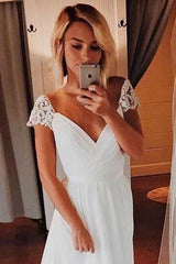 Simple Chiffon Wedding Dresses, Bohemian Beach Bridal Gowns with Sleeves