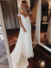 Simple Chiffon Wedding Dresses, Bohemian Beach Bridal Gowns with Sleeves