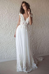 A-Line V-Neck Cap Sleeves Chiffon Beach Wedding Dresses with Appliques