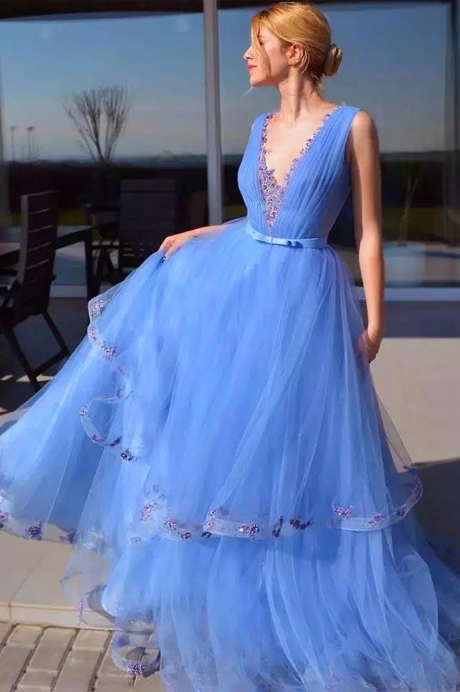 Cinderella Blue Prom Dresses Pageant Dress with Appliques