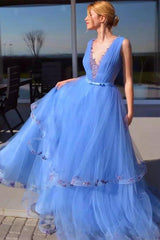 Cinderella Blue Prom Dresses Pageant Dress with Appliques
