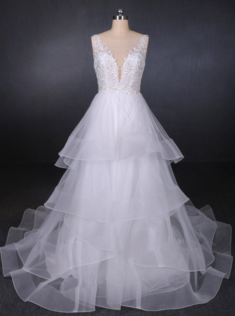 Princess V-Neck Tulle Backless Wedding Dresses with Layered