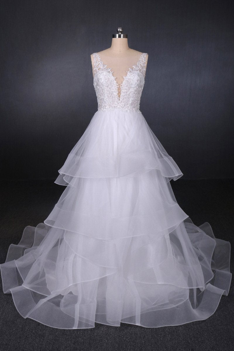 Princess V-Neck Tulle Backless Wedding Dresses with Layered