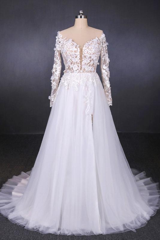 A-Line V-Neck Long Sleeve Wedding Dress with Lace Appliqued