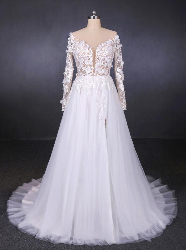 A-Line V-Neck Long Sleeve Wedding Dress with Lace Appliqued