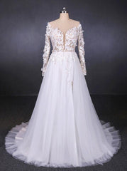 A-Line V-Neck Long Sleeve Wedding Dress with Lace Appliqued