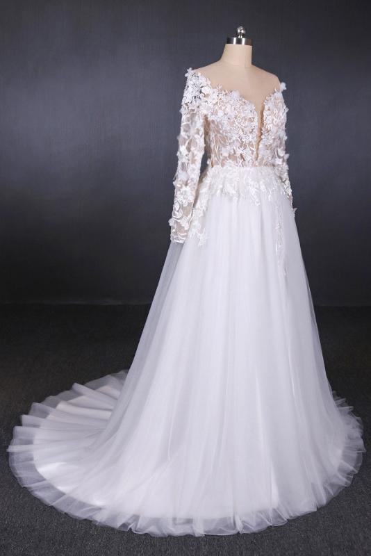 A-Line V-Neck Long Sleeve Wedding Dress with Lace Appliqued