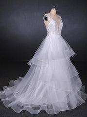 Princess V-Neck Tulle Backless Wedding Dresses with Layered