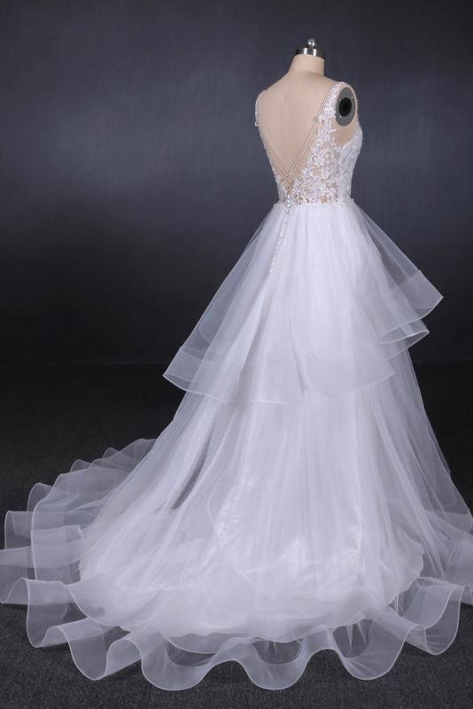 Princess V-Neck Tulle Backless Wedding Dresses with Layered