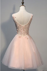 Pearl Pink V-Neck Homecoming Dresses with Appliques, Open Back