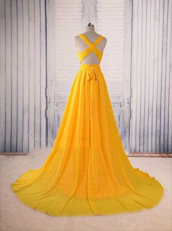 A-Line Yellow Long Prom Gown, Cross-Back Chiffon Evening Dress