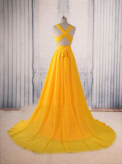 A-Line Yellow Long Prom Gown, Cross-Back Chiffon Evening Dress