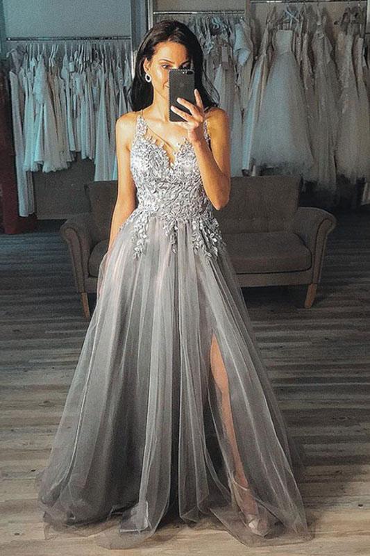 A-Line V-Neck Appliques Tulle Grey Long Prom Dress with Split