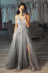 A-Line V-Neck Appliques Tulle Grey Long Prom Dress with Split