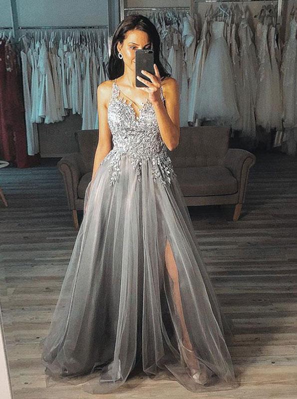 A-Line V-Neck Appliques Tulle Grey Long Prom Dress with Split