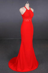 Halter Red Prom Dresses Mermaid Long Evening Dress with Cut-Out Back