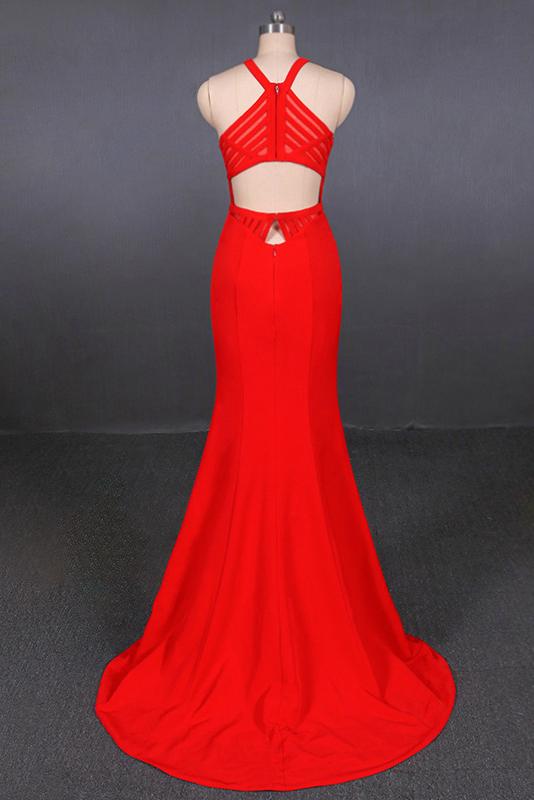 Halter Red Prom Dresses Mermaid Long Evening Dress with Cut-Out Back