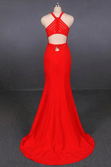 Halter Red Prom Dresses Mermaid Long Evening Dress with Cut-Out Back