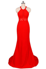 Halter Red Prom Dresses Mermaid Long Evening Dress with Cut-Out Back