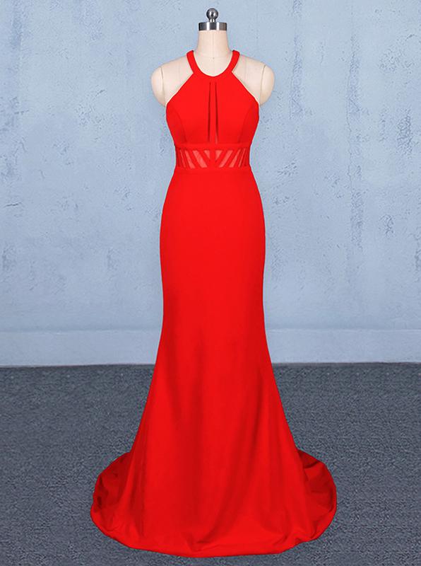 Halter Red Prom Dresses Mermaid Long Evening Dress with Cut-Out Back