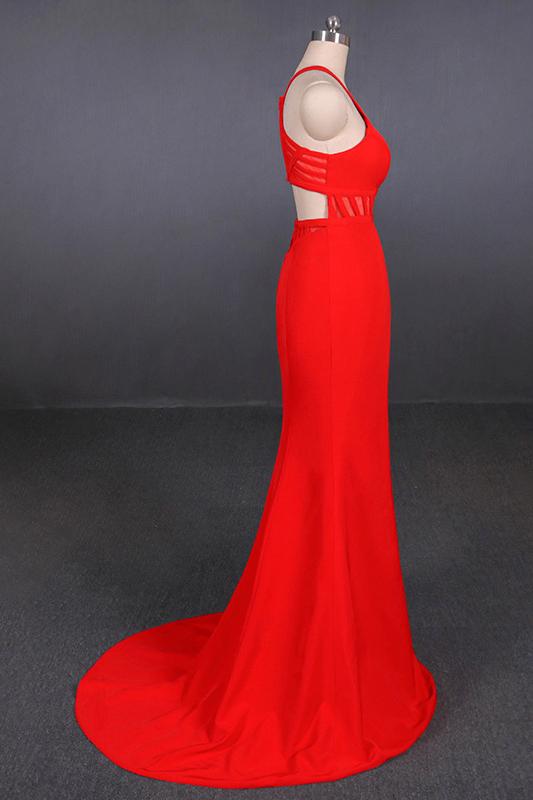 Halter Red Prom Dresses Mermaid Long Evening Dress with Cut-Out Back