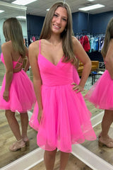 A-Line Hot Pink Criss Cross Back Straps Tulle Homecoming Dress