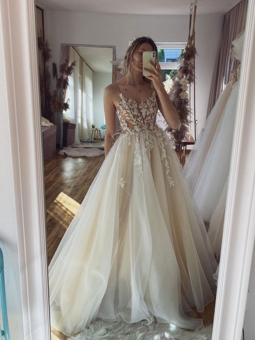 Champagne A-Line Tulle Strapless Wedding Dresses, Beach Bridal Gown