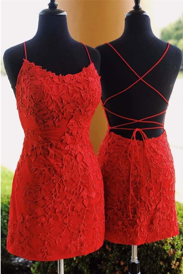 Lace Appliques Sheath Short Prom Dresses, Backless Tight Homecoming Dress