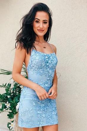 Lace Appliques Sheath Short Prom Dresses, Backless Tight Homecoming Dress