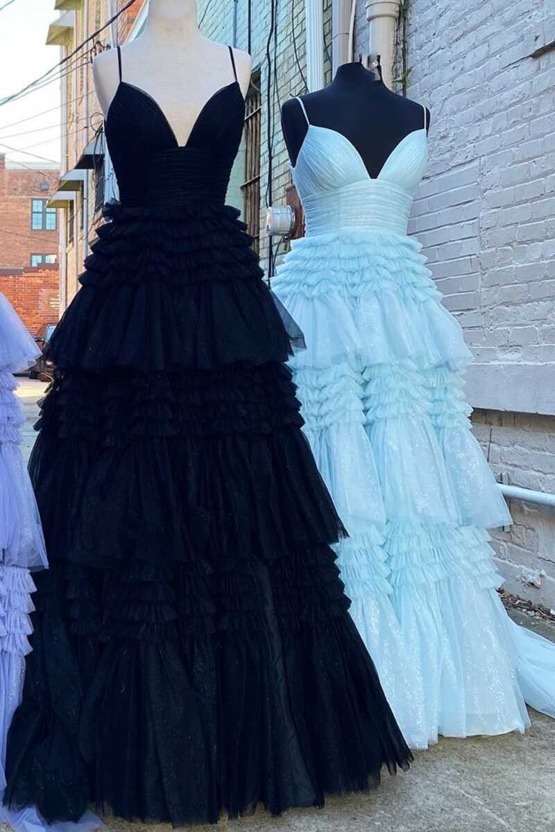 Glitter Black Tulle Tiered Prom Dresses, Long Graduation Gown with Slit