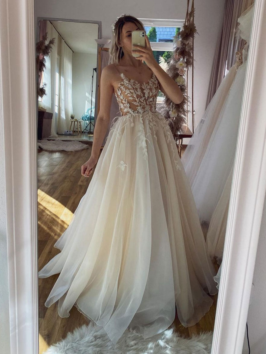Champagne A-Line Tulle Strapless Wedding Dresses, Beach Bridal Gown