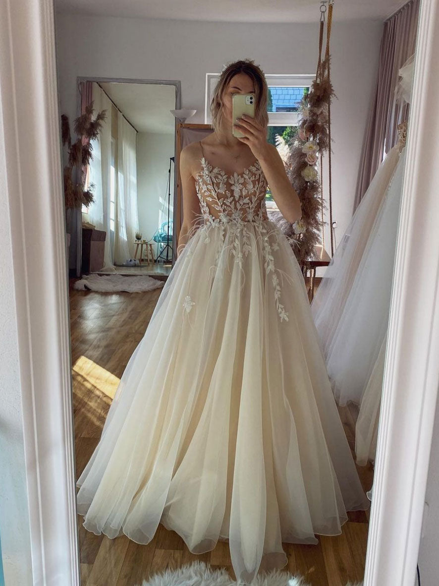 Champagne A-Line Tulle Strapless Wedding Dresses, Beach Bridal Gown