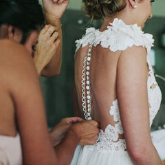 A-Line V-Neck White Tulle Wedding Dress with Lace Appliques