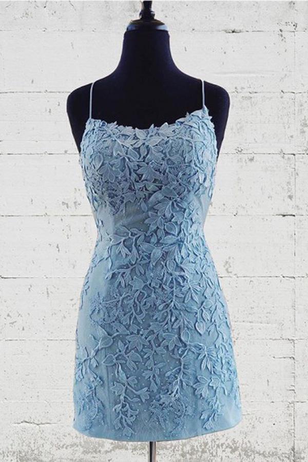 Lace Appliques Sheath Short Prom Dresses, Backless Tight Homecoming Dress