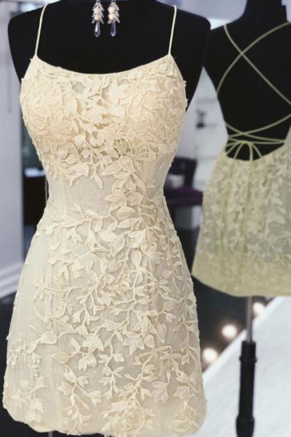 Lace Appliques Sheath Short Prom Dresses, Backless Tight Homecoming Dress