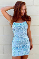 Lace Appliques Sheath Short Prom Dresses, Backless Tight Homecoming Dress
