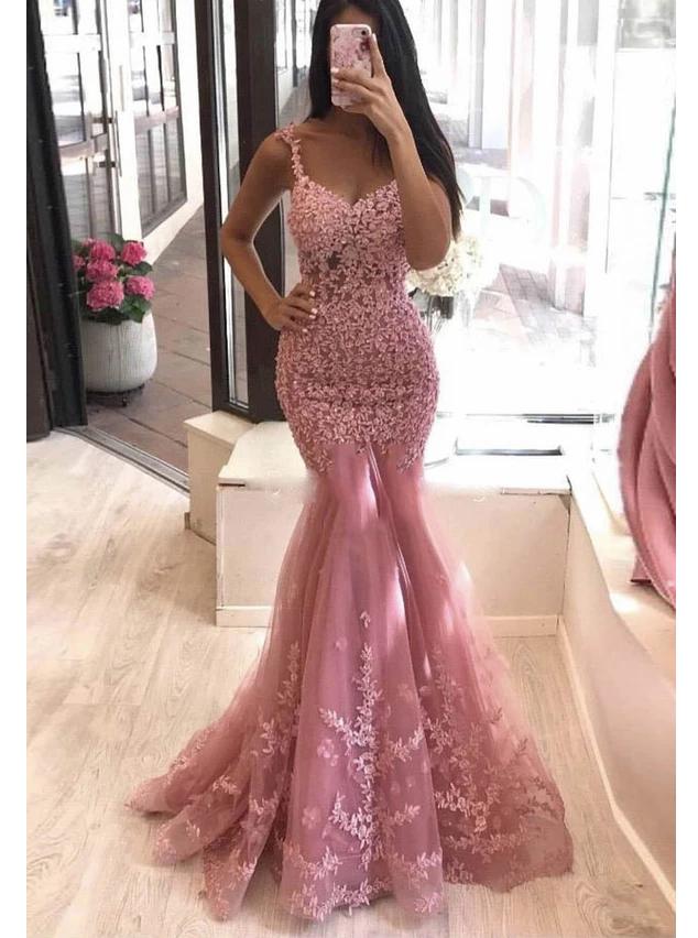 Dusty Pink Mermaid Lace Tulle Long Evening Dress