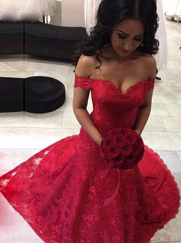 Red Mermaid Lace Prom Dresses, Off The Shoulder Long Pageant Gown