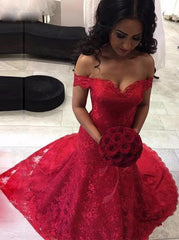Red Mermaid Lace Prom Dresses, Off The Shoulder Long Pageant Gown