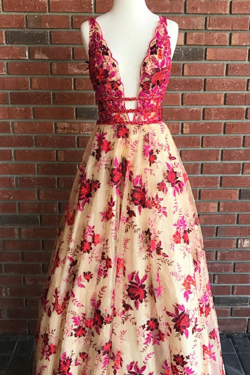 Deep V-Neck Long Backless Prom Dress with Beading Embroidery Floral
