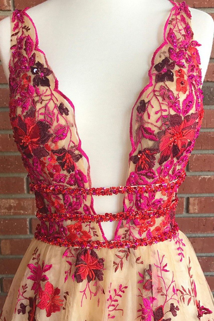 Deep V-Neck Long Backless Prom Dress with Beading Embroidery Floral