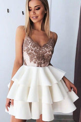Backless Spaghetti Strap Short Homecoming Dress with Layered Skirt