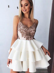 Backless Spaghetti Strap Short Homecoming Dress with Layered Skirt